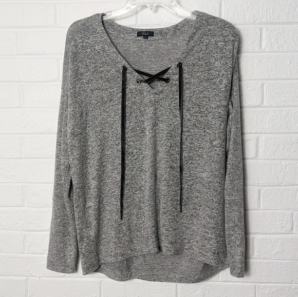 Rails Leigh V Neck Velvet Tie Heathered Melange Grey Sweater Top - Picture 2 of 5